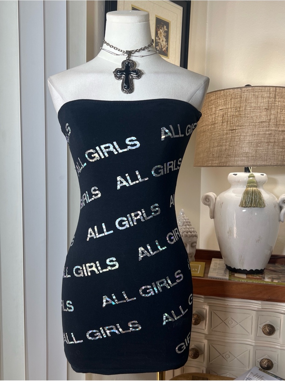 Y2K Black Strapless Mini Dress with Metallic 'ALL GIRLS' Print